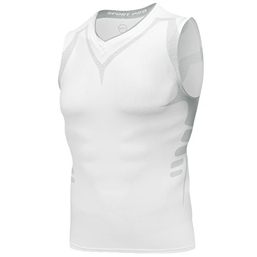AMZSPORT Camiseta de compresión sin mangas para hombre Deportes de Secado Rápido Baselayer Funcionamiento Tirantes Blanco L