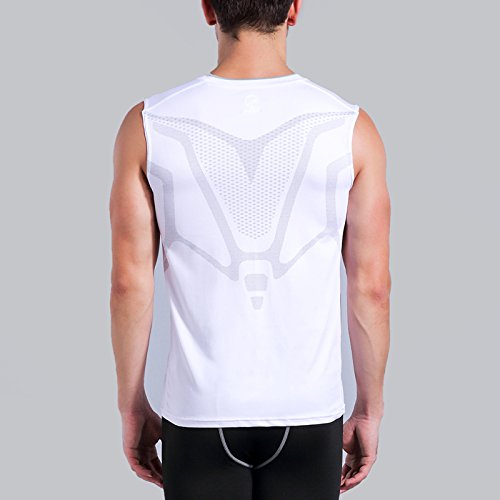 AMZSPORT Camiseta de compresión sin mangas para hombre Deportes de Secado Rápido Baselayer Funcionamiento Tirantes Blanco M