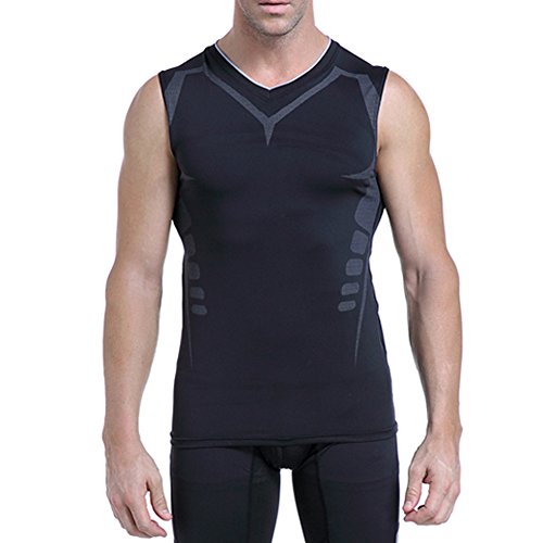 AMZSPORT Camiseta de compresión sin mangas para hombre Deportes de Secado Rápido Baselayer Funcionamiento Tirantes Negro L
