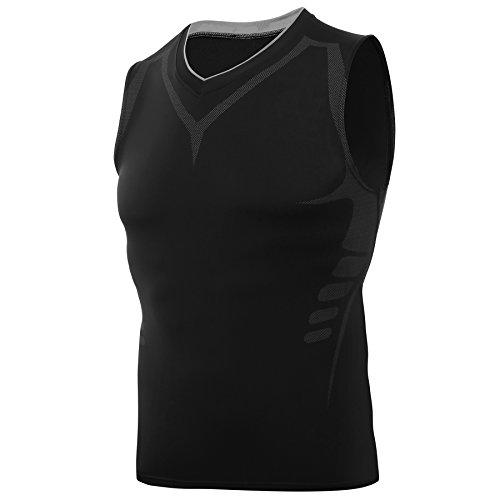 AMZSPORT Camiseta de compresión sin mangas para hombre Deportes de Secado Rápido Baselayer Funcionamiento Tirantes Negro L