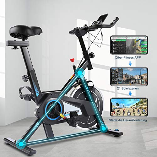 ANCHEER Bicicleta Estática de Spinning Bicicleta Interior Volante Inercia 10kg,Conexión con APP,Pantalla LCD, Sillín Ajustable, Carga máxima 120 kg,Altura Máxima Recomendada para Usuarios: 180cm.