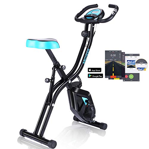 ANCHEER Bicicleta Estática Plegable Bicicleta de Ejercicio 10 Niveles de Resistencia Magnética, con App, Soporte para Tableta Capacidad de Peso:120kg (Negro Nueva)