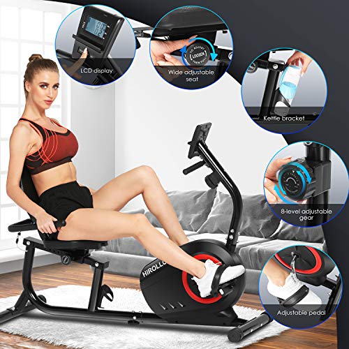 ANCHEER Bicicleta Estática Reclinable Bicicleta Indoor Resistencia de 8 Niveles, Pantalla LCD, Medición del Pulso, Asiento Ajustable