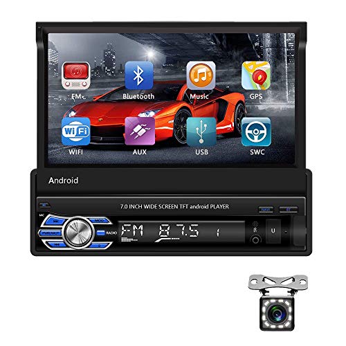 Android 1 DIN Radio de Coche GPS [2 + 16G] CAMECHO 7" Pantalla táctil capacitiva desplegable Bluetooth Radio FM Navegación WiFi Enlace Espejo para teléfono Android iOS + Cámara de visión Trasera