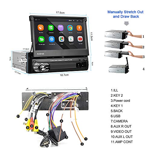 Android 1 DIN Radio de Coche GPS CAMECHO 7" Pantalla táctil capacitiva desplegable Bluetooth Radio FM Navegación WiFi Enlace Espejo para teléfono Android iOS + Cámara de visión Trasera