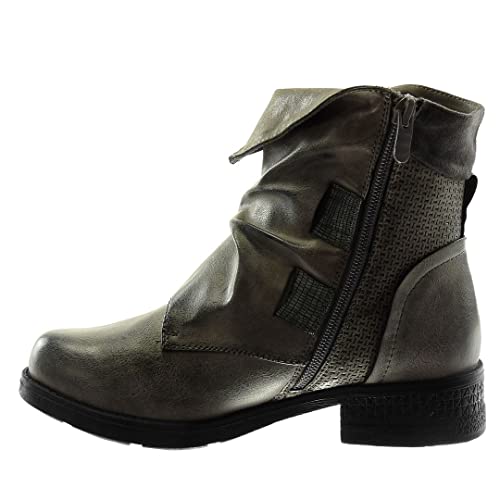 Angkorly - Zapatillas Moda Botines Biker Cubierta Efecto Envejecido Mujer Hebilla Tachonado Bloque 3.5 CM Forrada de Piel - Gris 8 F2856 T 37