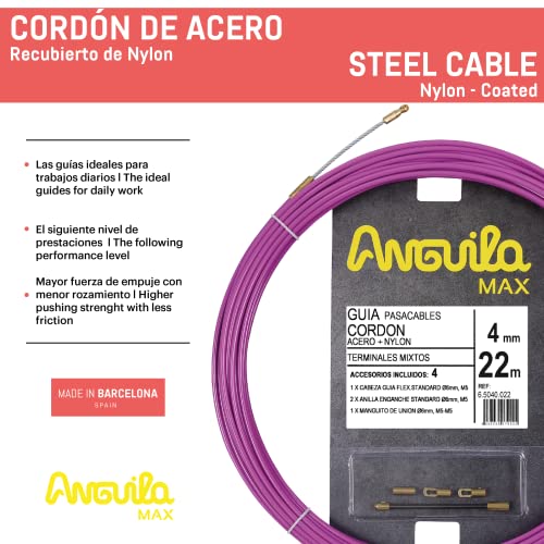 Anguila Max - Guía Pasacables Cordón Acero + Nylon, 22 m, Diámetro 4 mm, Terminales Mixtos, Púrpura.