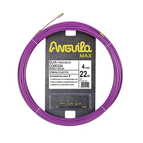 Anguila Max - Guía Pasacables Cordón Acero + Nylon, 22 m, Diámetro 4 mm, Terminales Mixtos, Púrpura.