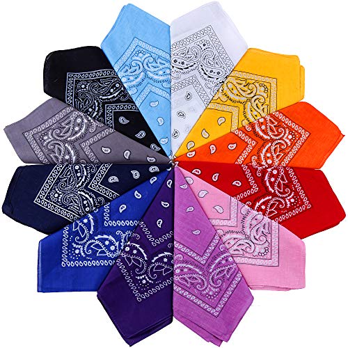 Anpro - 12 bandanas, pañuelos unisex, diadema de pelo, bufanda de cuello, decoración en algodón, estilo retro, multicolor y multifunción, para hombre y mujer, niño, 12 colores, 55 x 55 cm, 12 Couleurs