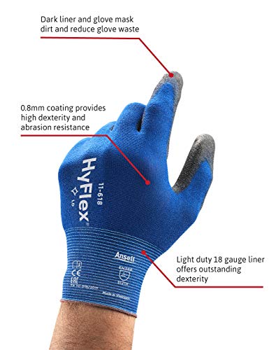 Ansell HyFlex 11-618 Guantes de Trabajo de Nylon Extra-Finos, Guante Mecánico Duraderos Usos Múltiples, Protección Mecánica Industrial, Seguridad y Destreza, Hombre Mujer, Negro, Talla M (1 Par)