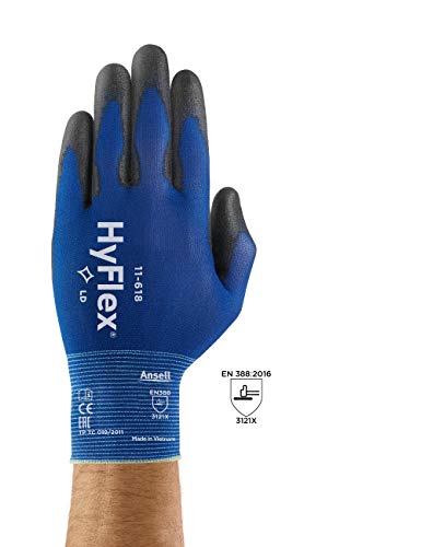 Ansell HyFlex 11-618 Guantes de Trabajo de Nylon Extra-Finos, Guante Mecánico Duraderos Usos Múltiples, Protección Mecánica Industrial, Seguridad y Destreza, Hombre Mujer, Negro, Talla M (1 Par)