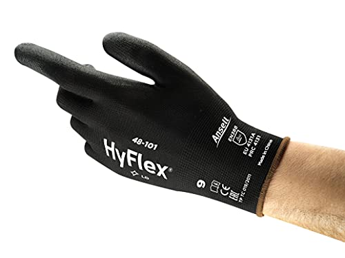 Ansell HyFlex 48-101 Guantes de Trabajo Extra-Finos, Protección Mecánica, Industrial y Automotriz, Guante de Nylon Multiuso Resistente, Seguridad y Destreza, Hombre Mujer, Negro, Talla L (12 Pares)