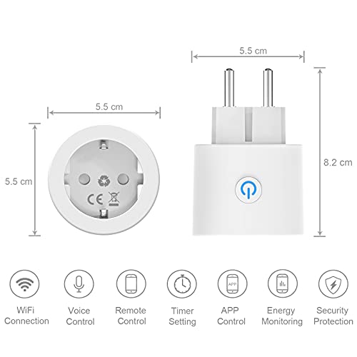 ANTELA Enchufe Inteligente WiFi 4,000W Con Monitor de Consumo, Horarios y Temporizadores, No Necesita HUB, Protección Contra Sobrecarga, Compatible con Alexa y Google Home, Wifi 2,4 Ghz, 2 PCS