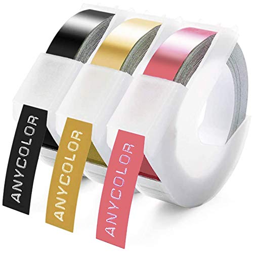 Anycolor 3D Etiquetas Embossing Impresora cinta de etiquetas Compatible para usar en lugar de DYMO Junior Omega Motex E-101 E-303, Auto-adhesive, Blanco sobre Negro/Dorado/Rosa 9mmx3m