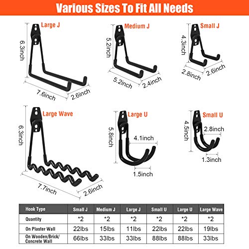 AojSup 12 piezas Gancho para Colgador de Garaje Dobles Ganchos de Almacenamiento de Garaje Gancho de Bicicleta de Pared para Organizar Herramientas,Escaleras,Bicicletas