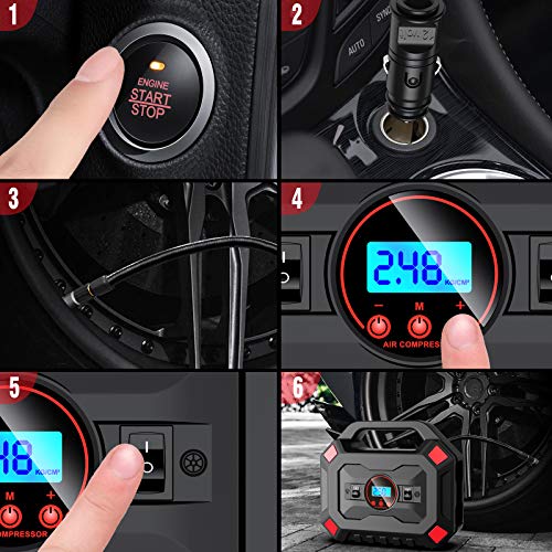 AOKBON Compresor Aire Coche 12V Inflador Portatil 120PSI 30 L/min Pantalla Doble de presión de neumáticos con Pantalla LED Adecuado para Automóvile Bicicletas Motocicletas Inflables y Pelotas