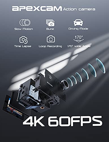 Apexcam 4K 60FPS Cámara Deportiva 20MP WiFi Cámara subacuática EIS Impermeable 40M Action Camera Remoto Lapso de Tiempo Micrófono Externo 2 baterías de 1350mAh