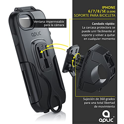 aplic - Soporte de móvil para Bicicleta - Funda Protectora Compatible con iPhone 6/7/8/SE Gen2 - Impermeable - Fácil de Usar - Fijación Segura - Rotación 360° - A Prueba de Golpes Lluvia Polvo