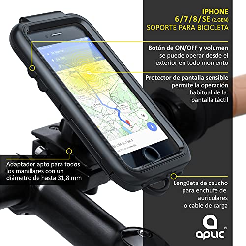 aplic - Soporte de móvil para Bicicleta - Funda Protectora Compatible con iPhone 6/7/8/SE Gen2 - Impermeable - Fácil de Usar - Fijación Segura - Rotación 360° - A Prueba de Golpes Lluvia Polvo