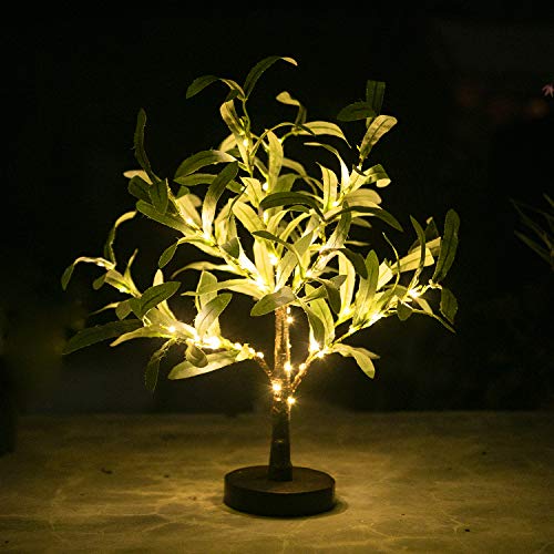 Árbol luminoso decorativo | con 24 luces LED de color blanco cálido Ramas luz 45 cm para decoración mesa Temporizador USB y pilas Navidad Pascua fiesta interior (árbol olivo cm)