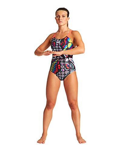 ARENA Bañador Deportivo Mujer Mirrors Glass, Black/Floreale, 38 (004386)