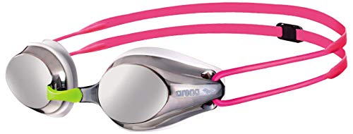 ARENA Tracks Junior Mirror Gafas de Natación, Unisex Adulto, Plateado + 000001E048-509 Estuche para Gafas de natación, Unisex Adulto, Negro/Fucsia (Black White Fuchsia), Universal