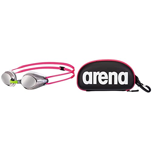 ARENA Tracks Junior Mirror Gafas de Natación, Unisex Adulto, Plateado + 000001E048-509 Estuche para Gafas de natación, Unisex Adulto, Negro/Fucsia (Black White Fuchsia), Universal