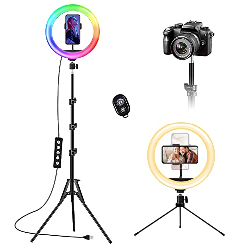 Aro de Luz con 2 Trípodes, 10'' Anillo de Luz LED con Trípode Alto para Móvil, 21 Colores Regulable RGB Ring Light con Control Remoto para Selfie, Fotografía, Youtube, TikTok Live (Altura Total: 70")