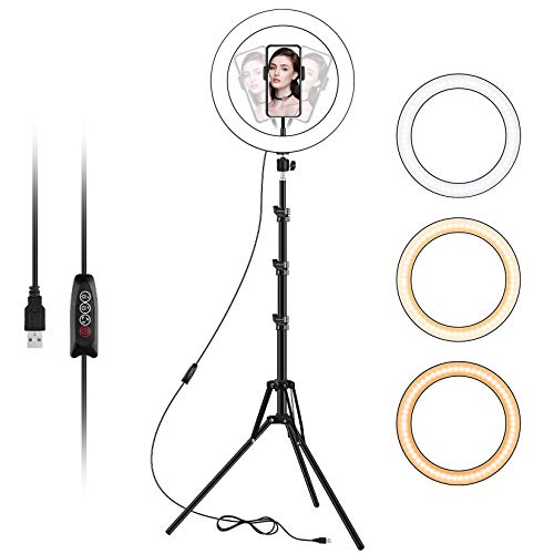 Aro de Luz con Trípode, 10" Ring Light Trípode con Remoto Inalámbrico, 3 modos de color y 10 brillos, Anillo de Luz para Móvil TikTok, Maquillaje, Fotografía, Selfie, Youtube, Grabación de Vídeo