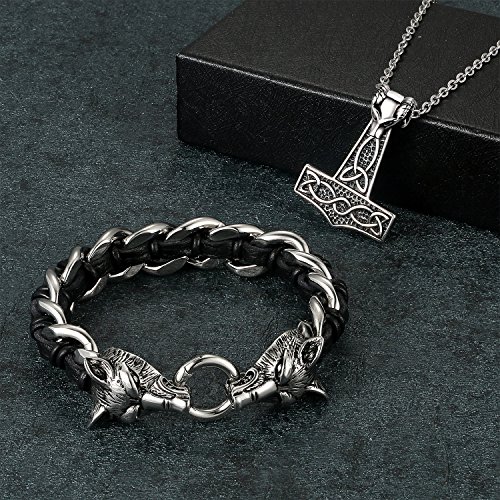 Aroncent Pulsera de Cuero con Cierre de Dual Lobo Brazalete Chulo Punk Rock Biker Collar Gótico con Colgante de Lobo de Acero Inoxidable Conjunto de Joyería Cuerpo para Hombre – 2PCS