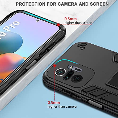 AROYI Funda Compatible con Xiaomi Redmi Note 10 Pro/Note 10 Pro MAX Carcasa con 2 Pack Protector de Pantalla, Soporte Incoporado, Recortes precisos para la cámara, Armor Grado Antigolpe Case, Negro