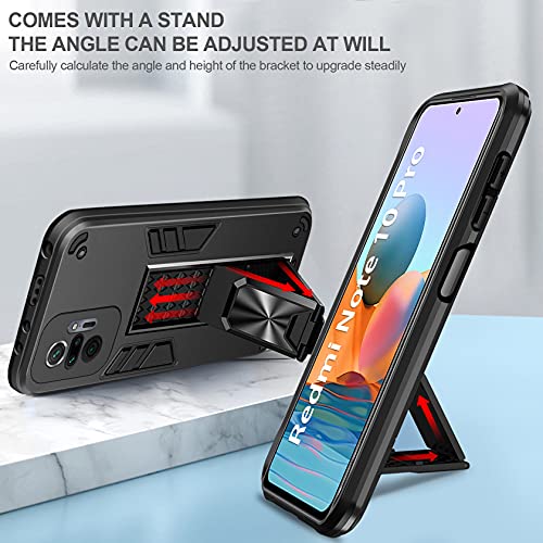 AROYI Funda Compatible con Xiaomi Redmi Note 10 Pro/Note 10 Pro MAX Carcasa con 2 Pack Protector de Pantalla, Soporte Incoporado, Recortes precisos para la cámara, Armor Grado Antigolpe Case, Negro