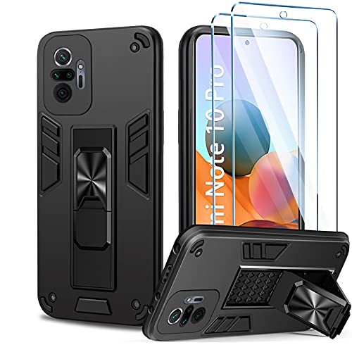 AROYI Funda Compatible con Xiaomi Redmi Note 10 Pro/Note 10 Pro MAX Carcasa con 2 Pack Protector de Pantalla, Soporte Incoporado, Recortes precisos para la cámara, Armor Grado Antigolpe Case, Negro