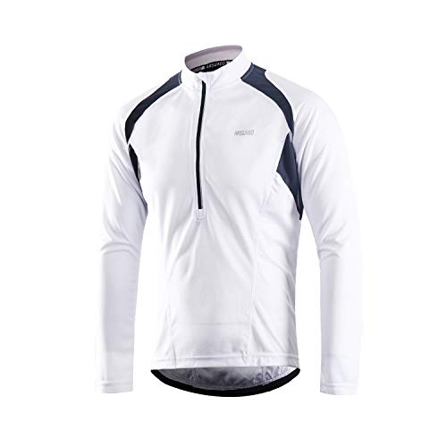 ARSUXEO Maillot de Ciclismo para Hombre Camisa Ciclista de Manga Larga con Media Cremallera 6031 Blanco L