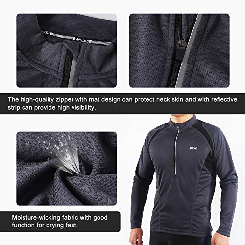 ARSUXEO Maillot de Ciclismo para Hombre Camisa Ciclista de Manga Larga con Media Cremallera 6031 Gris L