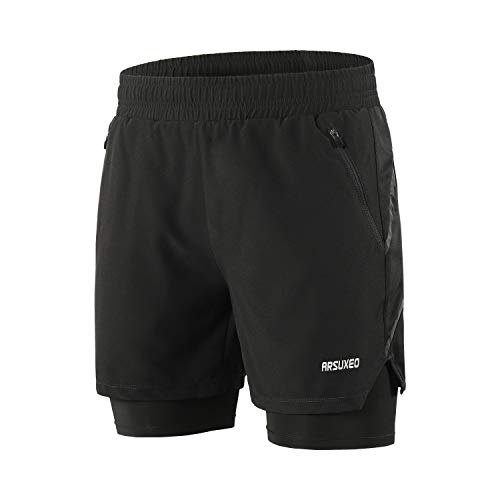 ARSUXEO Pantalones Cortos de Running para Hombre Deporte Pantalones Cortos para Correr B191 Negro L