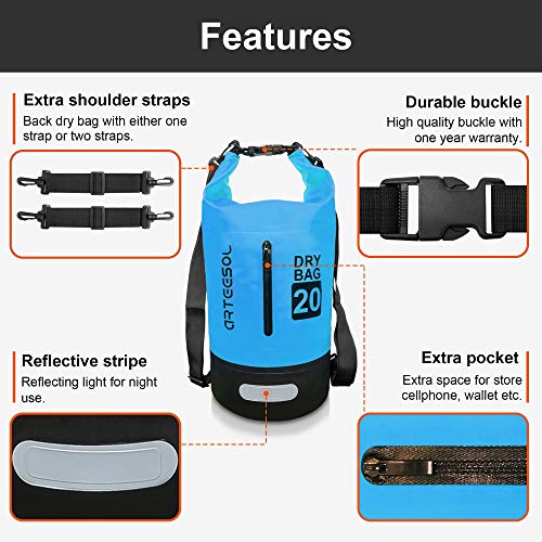 arteesol Bolsa Estanca, Dry Bag - 5L 10L 20L 30L Bolso Seco Impermeable/Seca Bolsa para Kayak Paseo en Barco Canoa Pesca Rafting Camping Playa Natación Snowboard (5L, Blue)