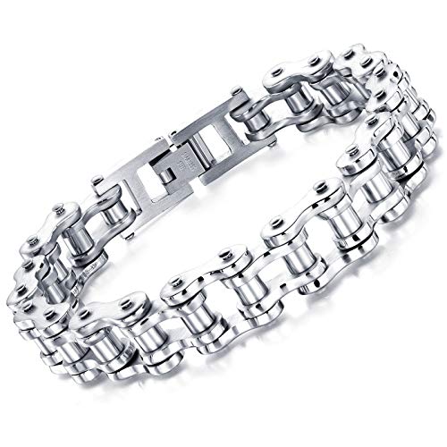 ATEIELLI Pulsera de Hombre Brazalete de Acero Inoxidable Cadena Bici Plateado Dorado JWB301 (Plata, 21.5)