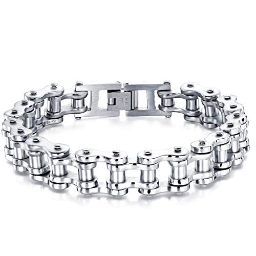 ATEIELLI Pulsera de Hombre Brazalete de Acero Inoxidable Cadena Bici Plateado Dorado JWB301 (Plata, 21.5)