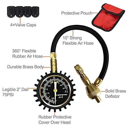 ATsafepro 2 en 1 medidor presion neumaticos profesional para desinflador de neumáticos as desinflador de ruedas, 75 psi con mandril especial para neu máticos 4x4 grandes para todo terreno…