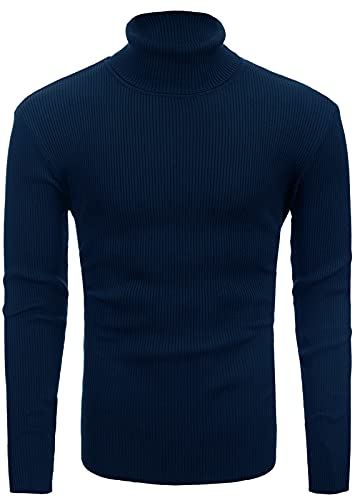AUBIG Jerseys para Hombre Suéter de Punto con Cuello Alto Estirar la Parte Superior Delgada del Jersey Camisas Casual de Punto con Estampado de Rayas para Fiestas Trabajo Al Aire Libre B-Armada XL