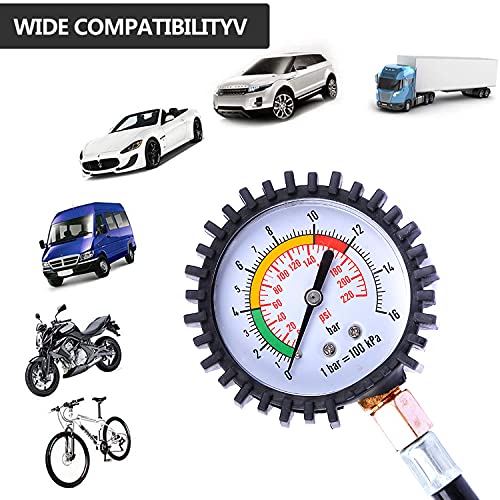 Auflosung Manometro Presion Neumaticos, Medidor de Presión de Neumáticos Inflador Manómetro de alta Precisión, para Motocicleta, Bcicleta y Coche, 220 PSI Manómetro de Neumáticos (0-16Bar)