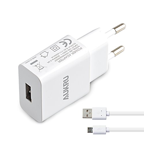 Aukru 5V 2A Cargador con Micro USB Cable para Samsung Galaxy/Sony/HTC/Nokia/Huawei/ASUS/Motorola/Blackberry/Otros Dispositivos Android etc - Blanco