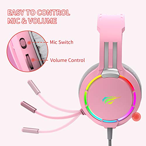 Auriculares Gaming para PS4 HAVIT Iluminación RGB Cascos Gaming Sonido Envolvente, Controlador de 50MM y micrófono con reducción de Ruido para Xbox One/PC/Móvil（Rosa）