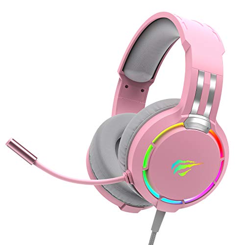 Auriculares Gaming para PS4 HAVIT Iluminación RGB Cascos Gaming Sonido Envolvente, Controlador de 50MM y micrófono con reducción de Ruido para Xbox One/PC/Móvil（Rosa）