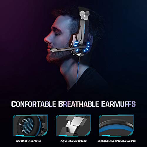 Auriculares Gaming PS4,Cascos Gaming, Auriculares Cascos Gaming de Mac Estéreo con Micrófono Juego Gaming Headset con 3.5mm Jack Luz LED Bajo Ruido Compatible con PC Xbox One Nintendo Switch (Blue)