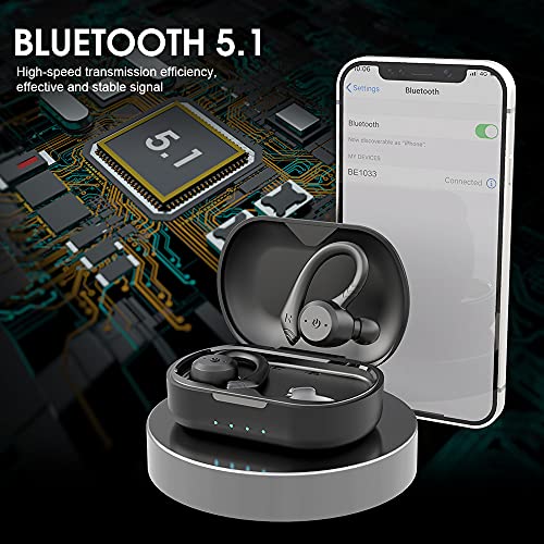 Auriculares Inalambricos Bluetooth 5.1, Retirable Gancho para la Auriculares Bluetooth Deportivos Cascos Inalambricos y HD Mic, IP7 Impermeable, Cancelación de Ruido In Ear Auriculares con Caja Carga