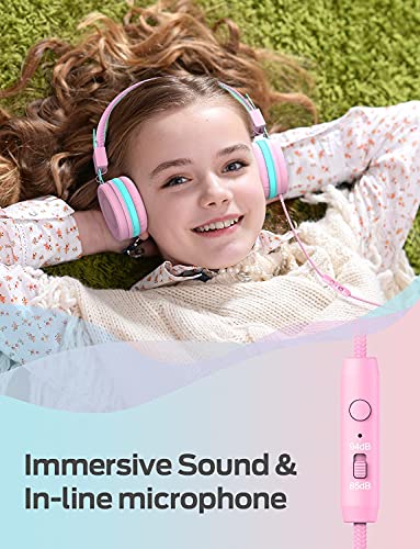 Auriculares para Niños, iClever Auriculares con Cable para Niños, Diadema Ajustable, Sonido Estéreo, Plegable, Cables Que no se enredan, Conexión Jack Auxiliar de 3.5 mm