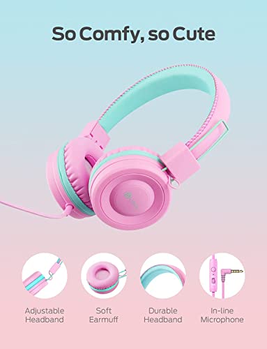 Auriculares para Niños, iClever Auriculares con Cable para Niños, Diadema Ajustable, Sonido Estéreo, Plegable, Cables Que no se enredan, Conexión Jack Auxiliar de 3.5 mm