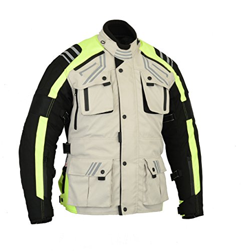 Australian Bikers Gear The Storm - Chaqueta de moto en color beige / negro y alta visibilidad tejido Cordura con protecciones, talla XL